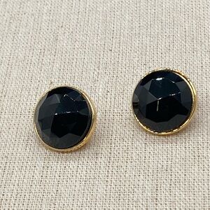 Vintage Monet Clip On Earrings Gold Tone Modernist  Faceted Black Circle Signed